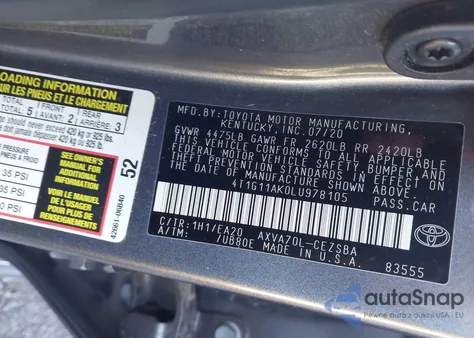 2020 Toyota Camry Se из США, поврежденный, VIN 4T1G11AK0LU978105